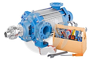 Centrifugal pump with toolbox. Service and repair of horizontal multistage pump, 3D rendering