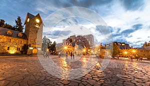 Centro Civico and main square in downtown Bariloche at sunset - Bariloche, Patagonia, Argentina