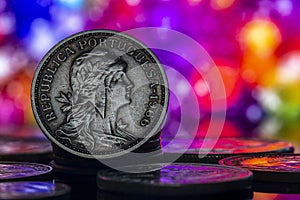 Cents Portuguese Coin 1966 Macro Colorful Background Macro