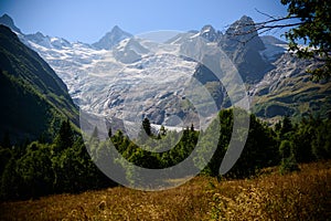 Centuries-old glacier and alpine meadows against a cloudless sky