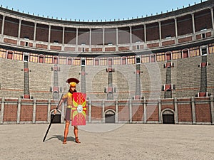 Centurion and Colosseum in ancient Rome