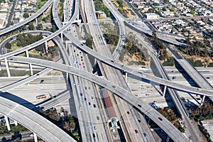 Century Harbor Freeway intersection junction Highway roads traffic America city aerial view photo in Los Angeles