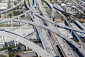 Century Harbor Freeway intersection junction Highway roads traffic America city aerial view photo in Los Angeles