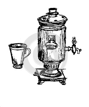 Century old samovar and a cup from the service schedule sketch illustration