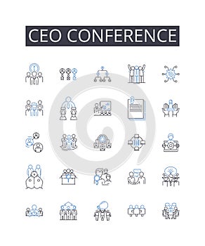 Ceo conference line icons collection. Manager meeting, Executive summit, Business retreat, Personnel assembly