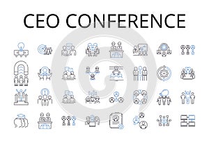 Ceo conference line icons collection. Manager meeting, Executive summit, Business retreat, Personnel assembly