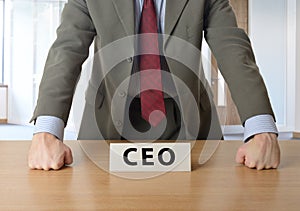 CEO leaning on desk in an office