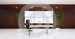 CEO office design with big Tv monitor on wooden wall room, table and boss chair .3D rendering