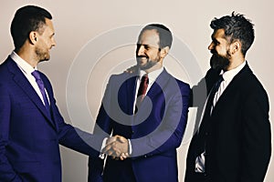 CEOs shake hands on light grey background. Business and compromise photo