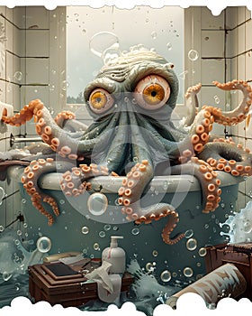 A cephalopod organism, the octopus, enjoying a bath in a bathtub