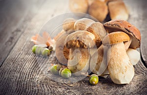 Ceps mushroom. Boletus on wooden rustic table photo
