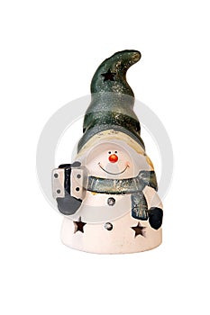 Ceramic aroma lamp. Snowman isolated on white. Christmas decoration.
