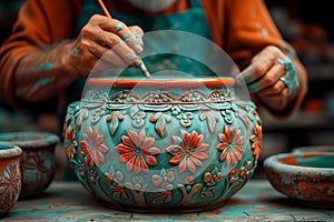 Ceramic artist painting intricate designs on a greenware bowl, emphasizing the meticulous attention to detail in the