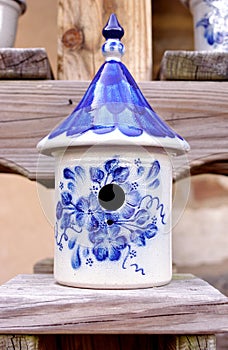 Ceramic Birdhouse with Blue and White Designs