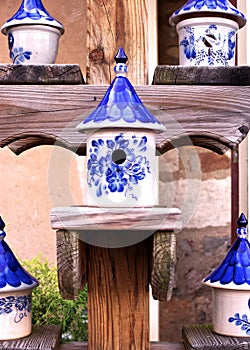 Ceramic Birdhouse with Blue and White Designs