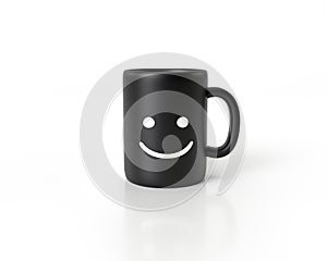 Ceramic black coffee cup with smile face drawing. three dimensional illustration