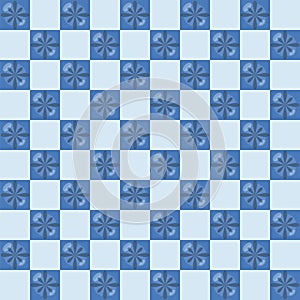 Ceramic blue tiles with glossy shine blue small flowers in checkered pattern vector seamless pattern.