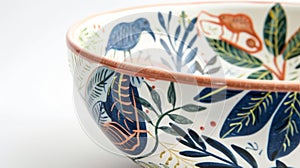 A ceramic bowl adorned with a whimsical underglaze illustration of forest creatures and lush foliage.