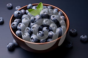 Ceramic bowl brims with delicious fresh vegan sweet blueberries