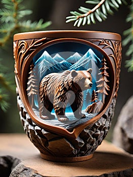 ceramic bowl with a brown bear on a wooden background