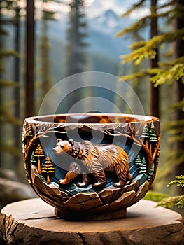 ceramic bowl with a brown bear on a wooden background
