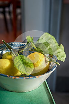 Ceramic bowl of fresh yellow lemons with leaves photo