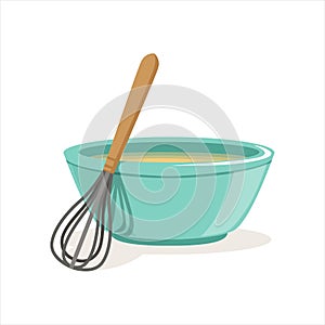 Ceramic bowl full of freshly prepared dough vector and whisk Illustration