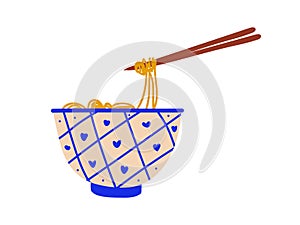 Ceramic Bowl of Noodles Soup with Chopsticks, Chinese or Japanese Food, Ramen Noodles Vector Illustration