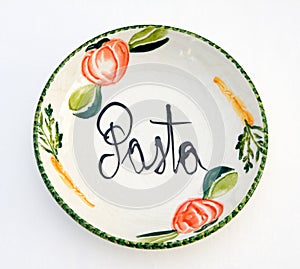 Ceramic bowl with pasta design over white
