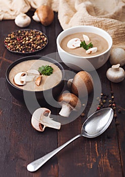 Ceramic bowl plates of creamy chestnut champignon mushroom soup with spoon, pepper and kitchen cloth on dark wooden  background