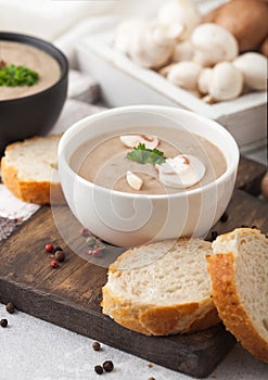 Ceramic bowl plates of creamy chestnut champignon mushroom soup with spoon, pepper and kitchen cloth on white kitchen  background