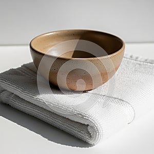 A ceramic bowl with a smooth, speckled beige surface rests on a neatly folded white