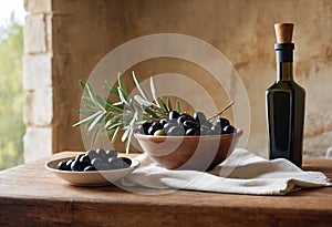 Ceramic bowls full of selected black olives and glass bottle of extra virgin olive oil stand on wooden table.Concept of