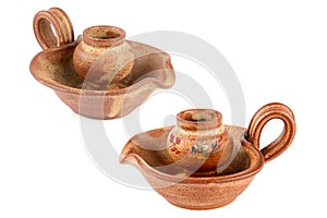 Ceramic candlestick isolated on white. Free space for text. Collage