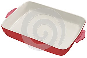 Ceramic Casserole Baking Pan with Crimson Red External and Off White Internal Surface Isolated On White Background