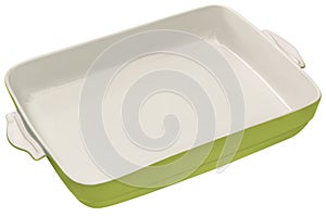 Ceramic Casserole Baking Pan with Green  External and Off White Internal Surfaces Isolated On White Background