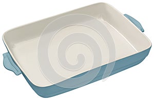 Ceramic Casserole Baking Pan with Marine Blue External and Off White Internal Surfaces Isolated On White Background