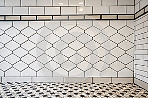 Chequered white tile wall in bathroom