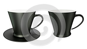 Ceramic coffee or tea cup with Black saucer, Espresso Cappuccino mug, breakfast drink isolated on background, 3D illustration -