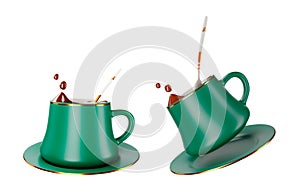 Ceramic coffee or tea cup with green saucer, Espresso Cappuccino coffee mug, breakfast drink isolated on background 3D