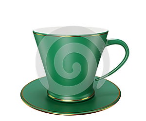 Ceramic coffee or tea cup with green saucer, Espresso Cappuccino coffee mug, breakfast drink isolated on background 3D