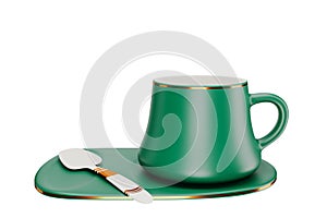 Ceramic coffee or tea cup with green saucer, Espresso Cappuccino coffee mug, breakfast drink isolated on background 3D