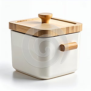 Ceramic container with wooden lid and handle for kitchen decor isolated on white background