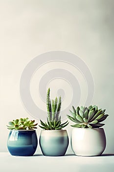 ceramic containers with succulents on the table, with generative Ai