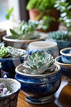 ceramic containers with succulents on the table, with generative Ai