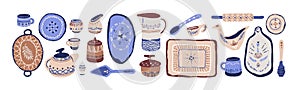 Ceramic crockery, kitchen ware set. Ceramics, handmade pottery. Painted tableware, dishes, cup, jug, teapot, plate. Hand