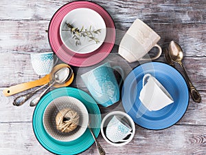 Ceramic crockery on wooden background