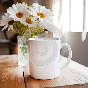 Ceramic cup with flowers decorative on wooden table. mockup for design.