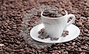 Ceramic cup full roasted coffee breans