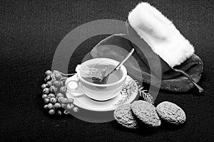 Ceramic cup hot fresh brewed tea beverage. Health care folk remedies. Warm winter beverage. Cafe restaurant menu. Cup of